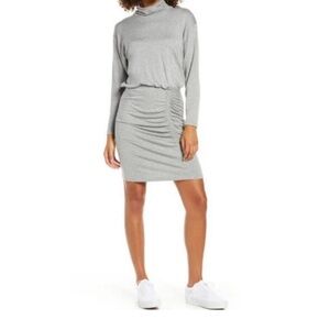 FRAICHE by J RUCHED LONG SLEEVE TURTLENECK JERSEY DRESS MIDI GRAY SIZE MEDIUM
